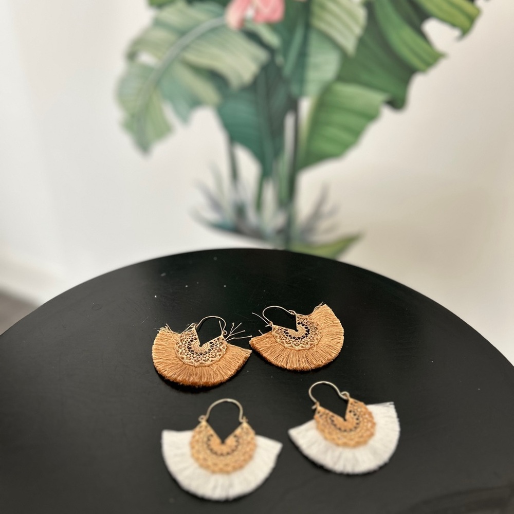 Brand New- Never Worn-Fringe Hoop Earrings in Tan and White